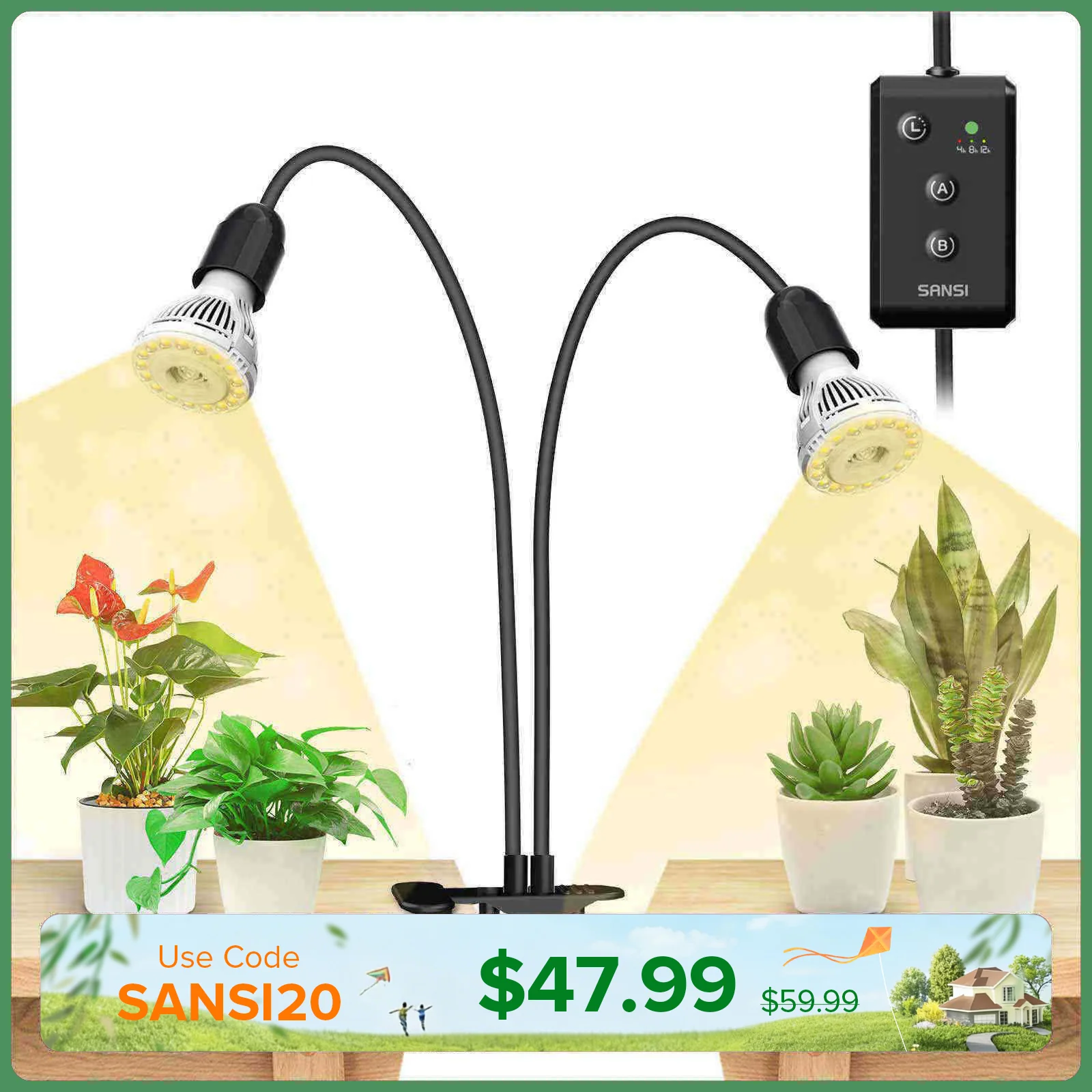 20W Adjustable 2-Head Clip-on LED Grow Light With Timer - Image 8