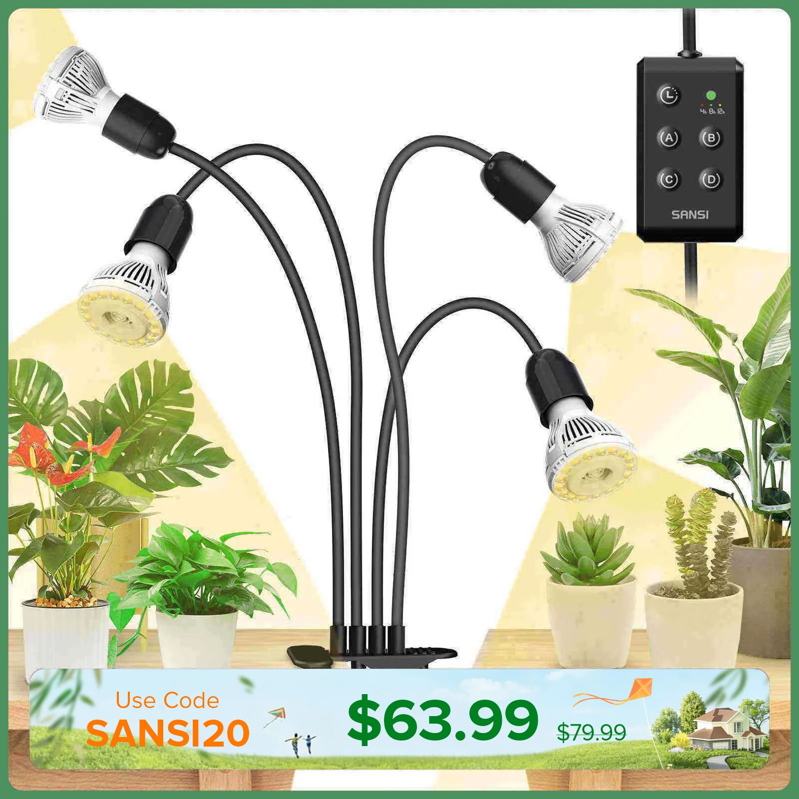 40W Adjustable 4-Head Clip-on LED Grow Light with Timer - Image 10