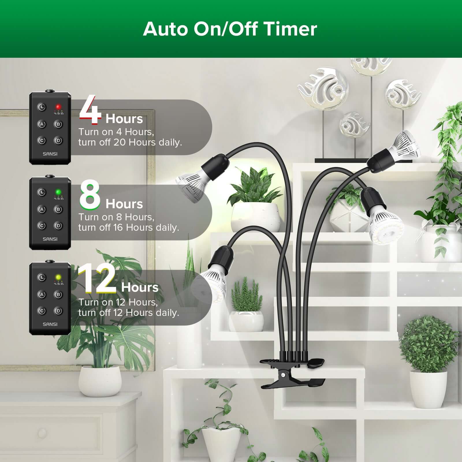 40W Adjustable 4-Head Clip-on LED Grow Light with Timer - Image 3